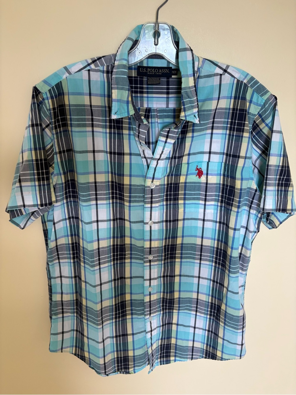 U.S. Polo short -Sleeve Plaid Button-Down in Aqua, Navy & White